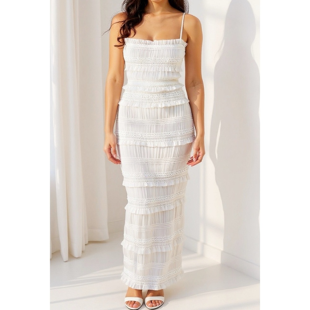 HOUSE OF CB Solana Sequined Pleated Maxi Dress, Ivory, L (Plus Cup)